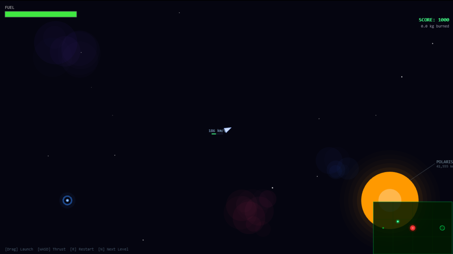 Aiming the slingshot on the launch pad, with the trajectory readout showing heading, speed, and power.