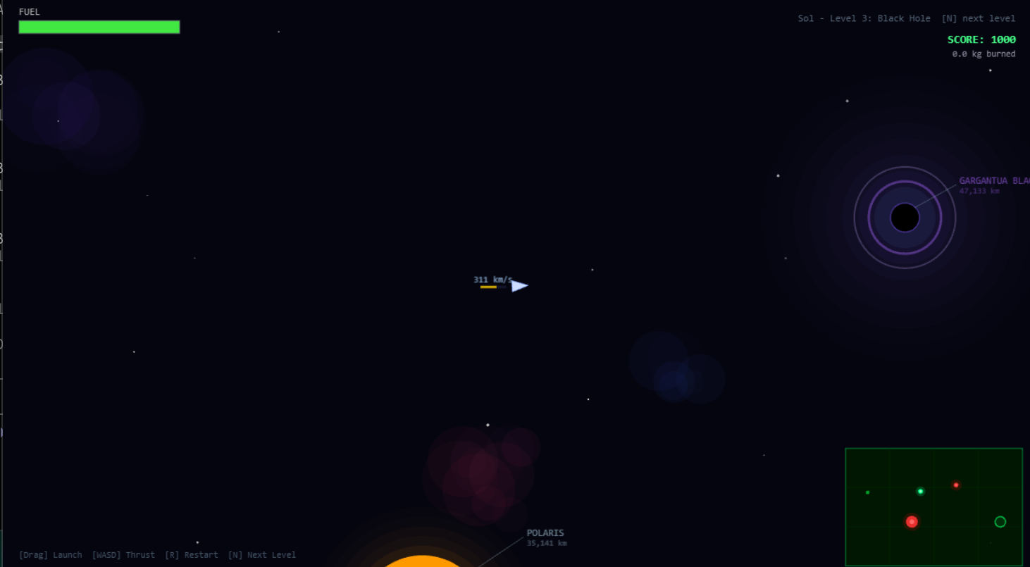 Mid-flight through a level with the ship slingshotting past a star, radar minimap in the corner.